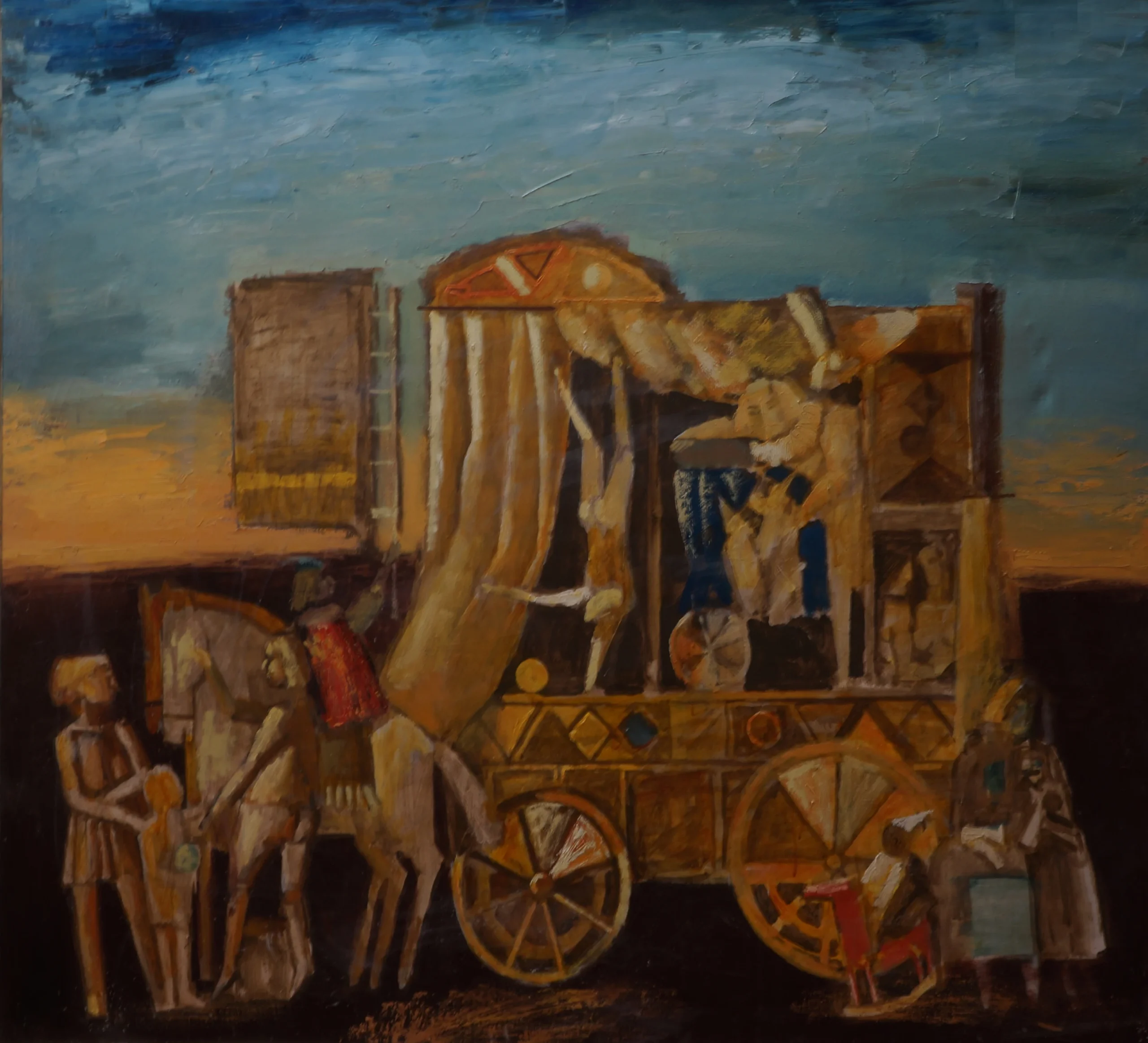 Traveling Circus, 2016, oil on linen painting by Moldovan artist Vadim Palamarciuc, 153 × 130 cm.